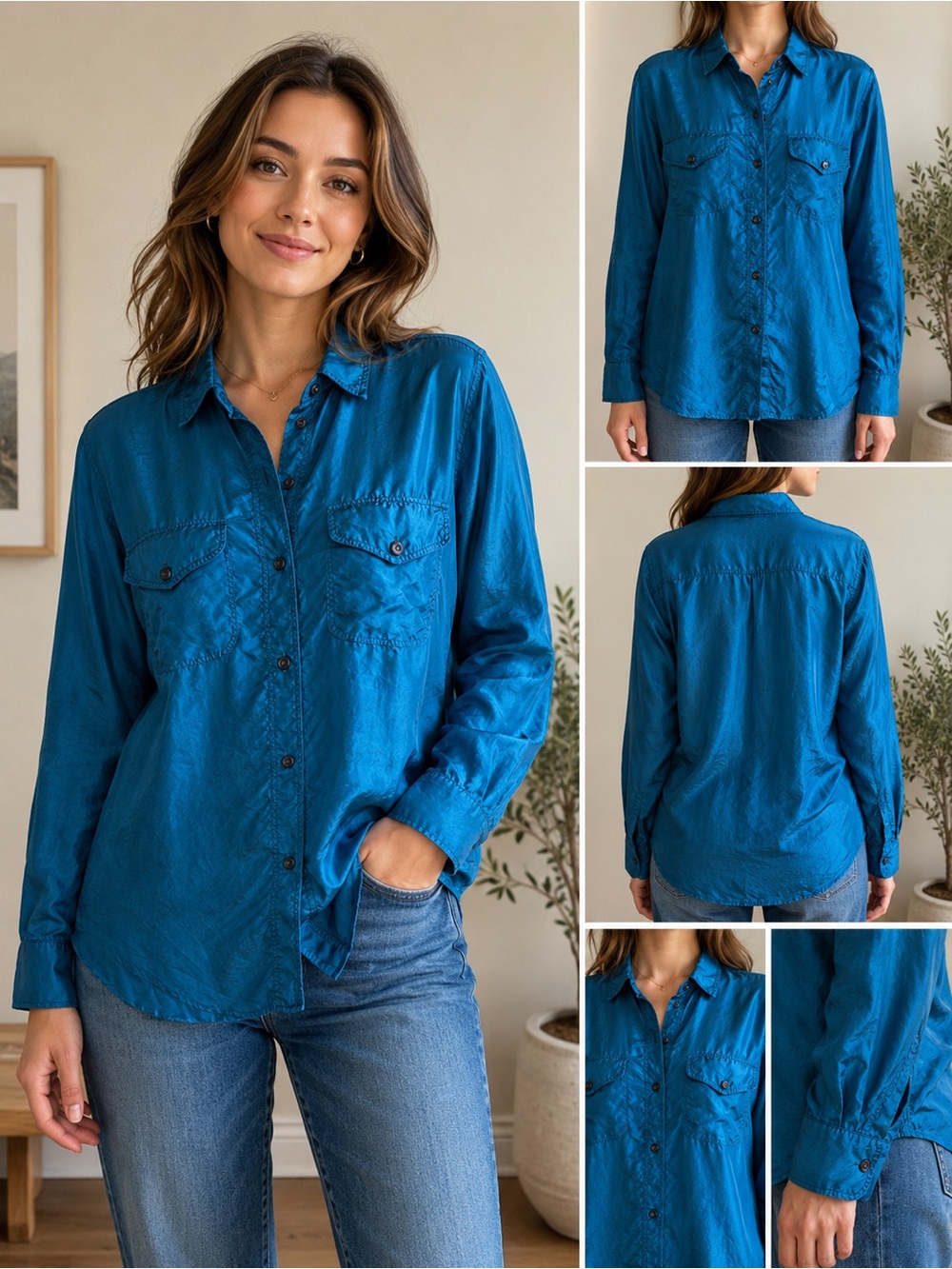 Kikomo 100% Silk Teal Long-Sleeve Button-Down Shirt. Size Small